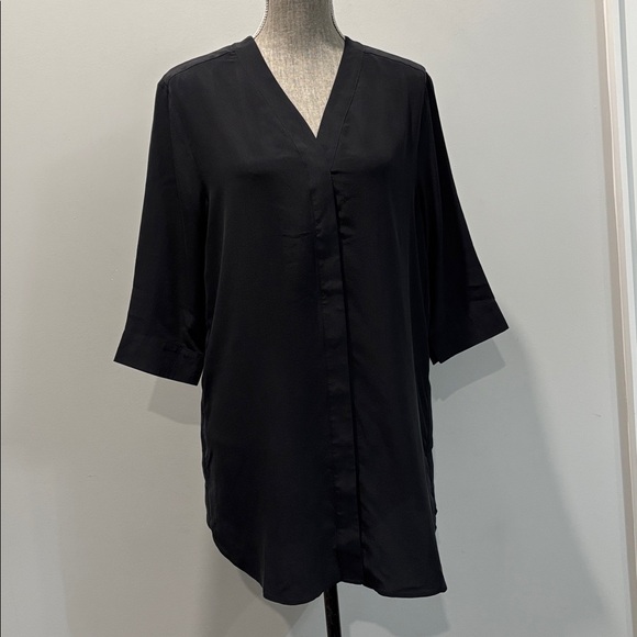 AllSaints Black Silk Button Down Shift Dress Sheer Side Slits 3/4 Sleeve Size 4 - Picture 14 of 16